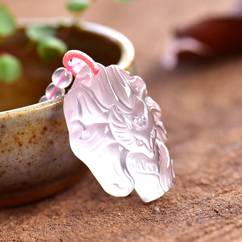 Buddha Stones Natural Pink Crystal Nine Tailed Fox Love Necklace Pendant - image 1