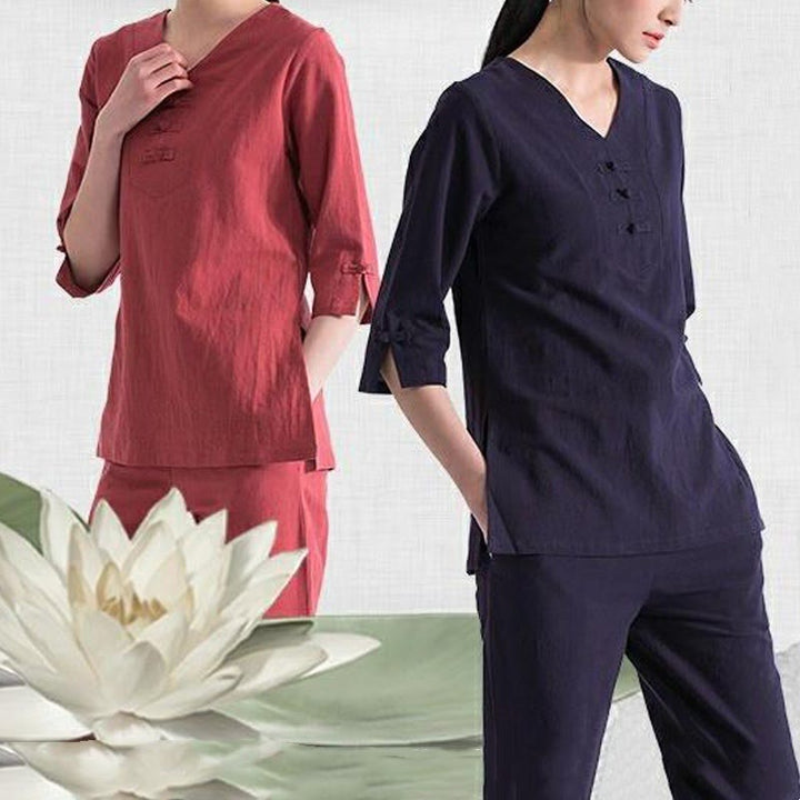 Buddha Stones Yoga Meditation Prayer V-neck Design Cotton Linen Clothing Uniform Zen Practice Women's Set - image 17