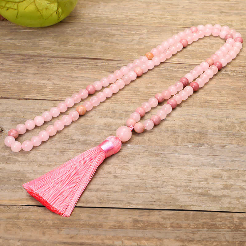Buddha Stones 108 Mala Beads Pink Crystal Love Tassel Bracelet - image 8