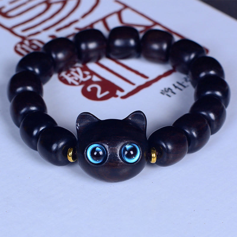 Buddha Stones Ebony Wood Liuli Glass Lovely Cat Peace Balance Bracelet - Ebony 12*11mm*15 Beads(Wrist Circumference 14-16cm) - image 15