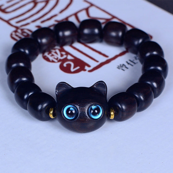Buddha Stones Ebony Wood Liuli Glass Lovely Cat Peace Balance Bracelet - Ebony 12*11mm*15 Beads(Wrist Circumference 14-16cm) - image 15