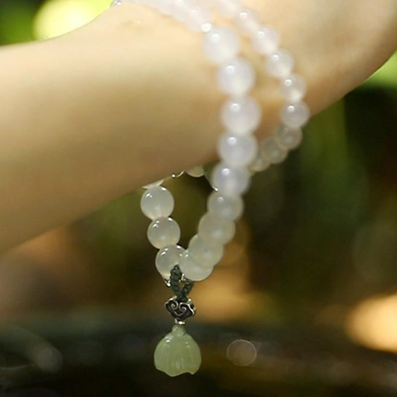 Buddha Stones White Agate Jade Lotus Protection Bracelet - image 4