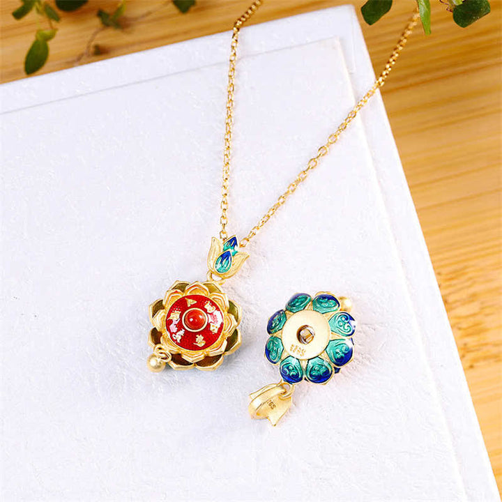 Buddha Stones 925 Sterling Silver Tibet Lotus Prayer Wheel Red Agate Enlightenment Necklace Pendant - image 7