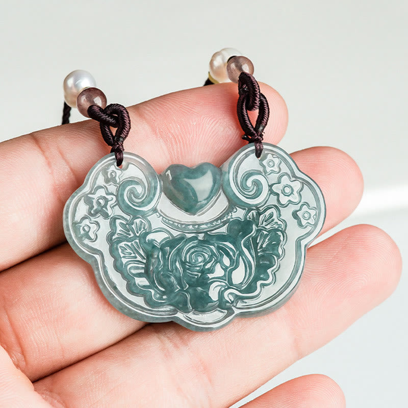 Buddha Stones Natural Jade Peony Flower Lock of Good Wishes Prosperity Necklace Pendant - image 5