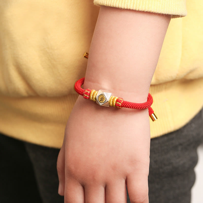 Buddha Stones 999 Sterling Silver Chinese Zodiac Natal Buddha Red Rope Luck Strength Handcrafted Kids Bracelet - Rabbit-Manjushri Bodhisattva(Bracelet Size 12cm-16cm) - image 0