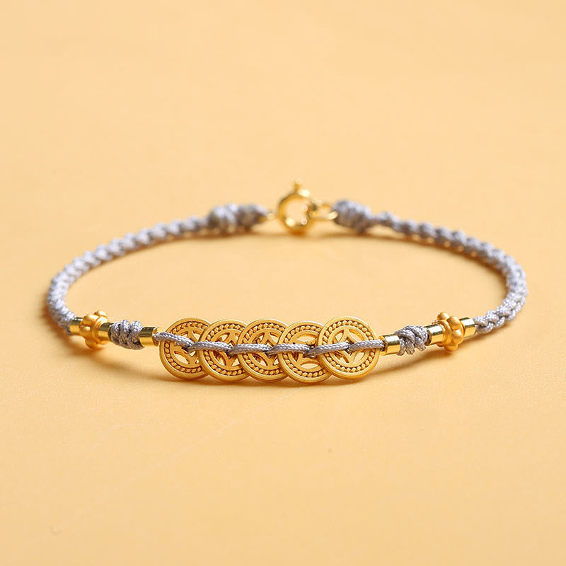 Buddha Stones Copper Coin Fortune Tree Pearl Luck Blue Rope Braided Bracelet - Copper Coin - 16cm - image 1