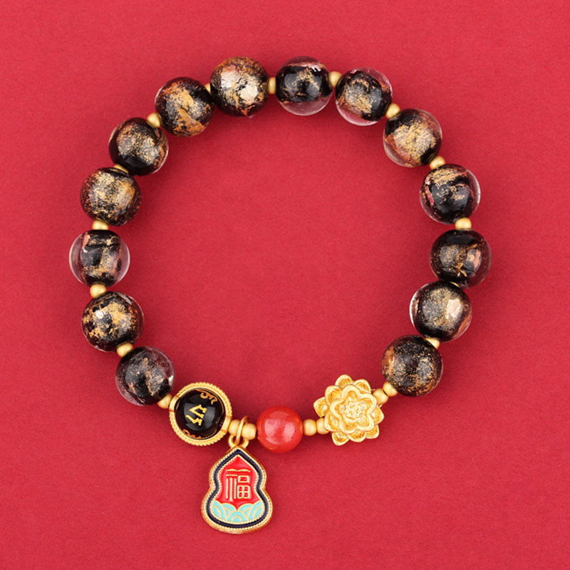 Buddha Stones Tibet Om Mani Padme Hum Fu Character Gourd Charm Lotus Liuli Glass Bead Luck Bracelet - 10mm Black Liuli Glass Bracelet(Wrist Circumference 14-16cm) - image 0