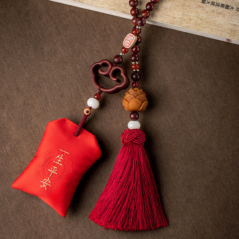 Buddha Stones Tibetan Small Leaf Red Sandalwood Lotus Cinnabar Sachet Protection Tassel Car Hanging Decoration - image 6