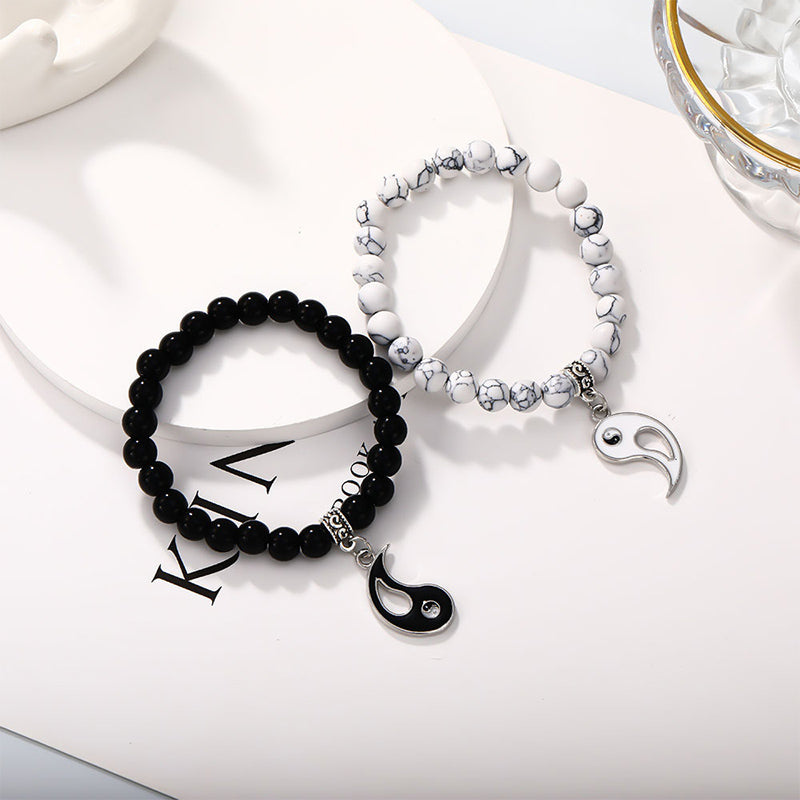 Buddha Stones 2Pcs Black Onyx White Turquoise Bead Yin Yang Protection Couple Bracelet - Black&White Black Onyx& White Turquoise - image 15