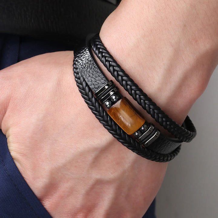 Buddha Stones Tiger Eye Power Magnetic Buckle Multilayered Leather Bracelet - image 3