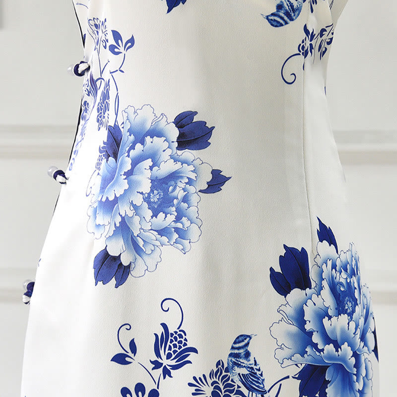 Buddha Stones Blue And White Porcelain Color Peony Flower Pattern Cheongsam Dress Women's Qipao Dress - image 4