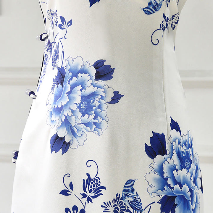 Buddha Stones Blue And White Porcelain Color Peony Flower Pattern Cheongsam Dress Women's Qipao Dress - image 4