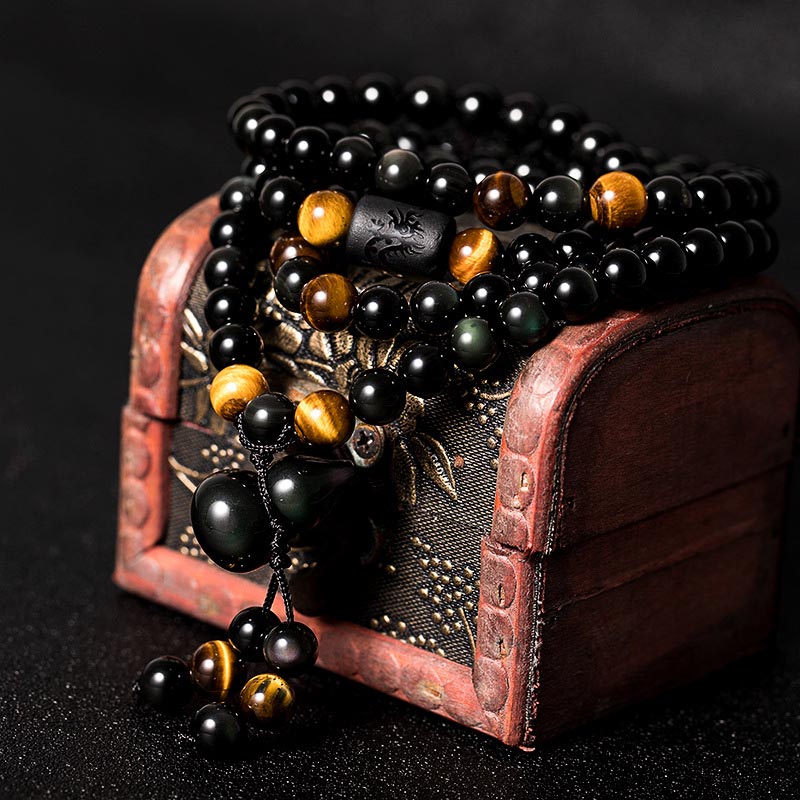 Buddha Stones Natural Black Obsidian Rainbow Obsidian Gourd Blessing Bracelet Mala - Black Obsidian 6mm*108 - image 0