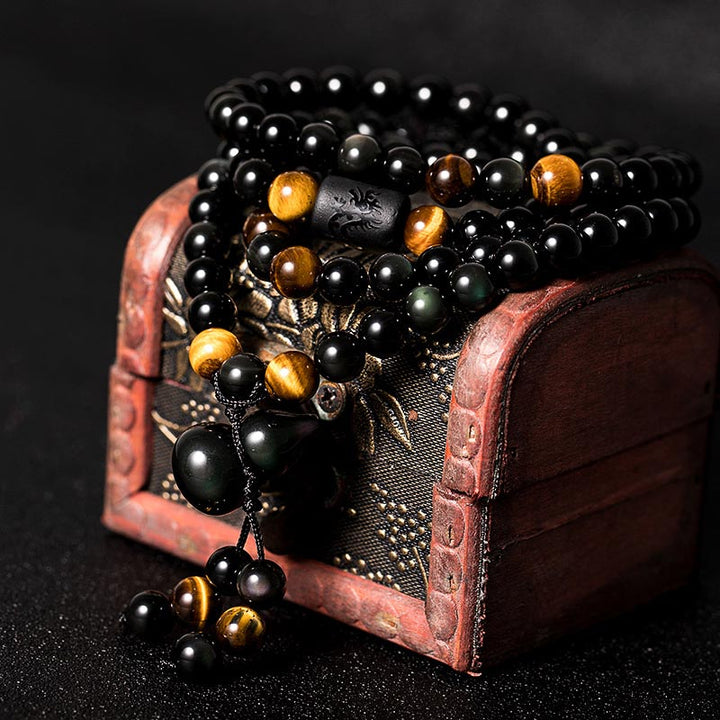 Buddha Stones Natural Black Obsidian Rainbow Obsidian Gourd Blessing Bracelet Mala - Black Obsidian 6mm*108 - image 0