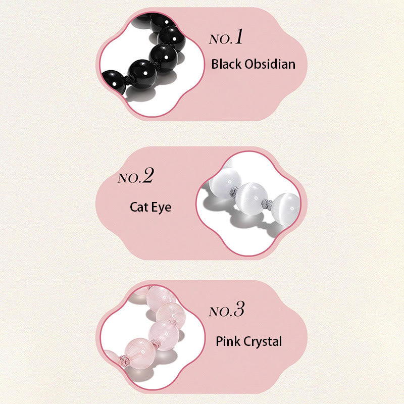 Buddha Stones Natural Black Obsidian Cat's Eye Pink Crystal PiXiu Strength Bracelet - image 3