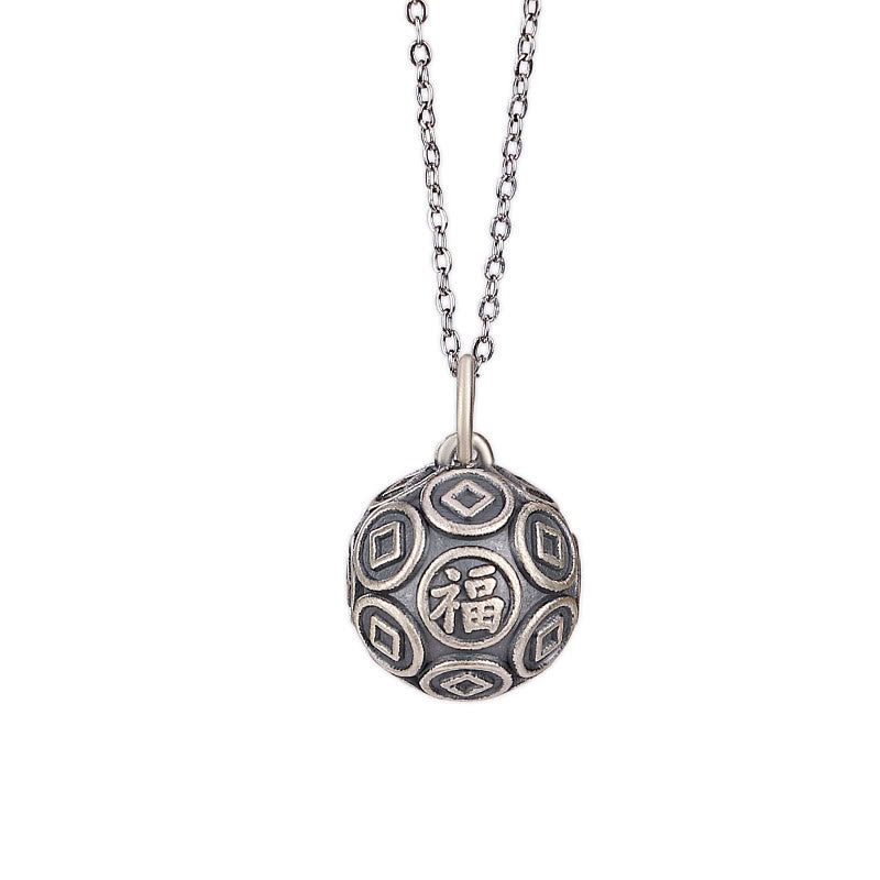 Buddha Stones 990 Sterling Silver Fu Character Copper Coin Luck Fortune Chain Necklace Pendant - image 5