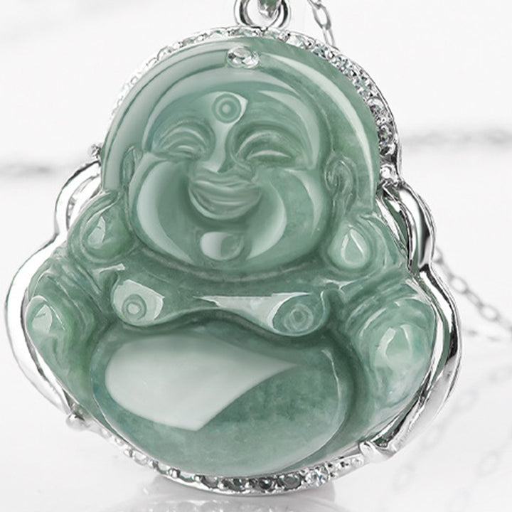 Buddha Stones 925 Sterling Silver Laughing Buddha Jade Abundance Necklace Chain Pendant - image 5