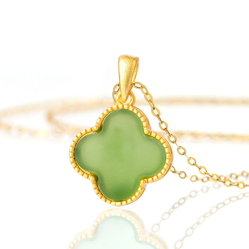 Buddha Stones 925 Sterling Silver Natural Hetian Jade Luck Four Leaf Clover Necklace Pendant - Hetian Jade(Prosperity♥Abundance) - image 0