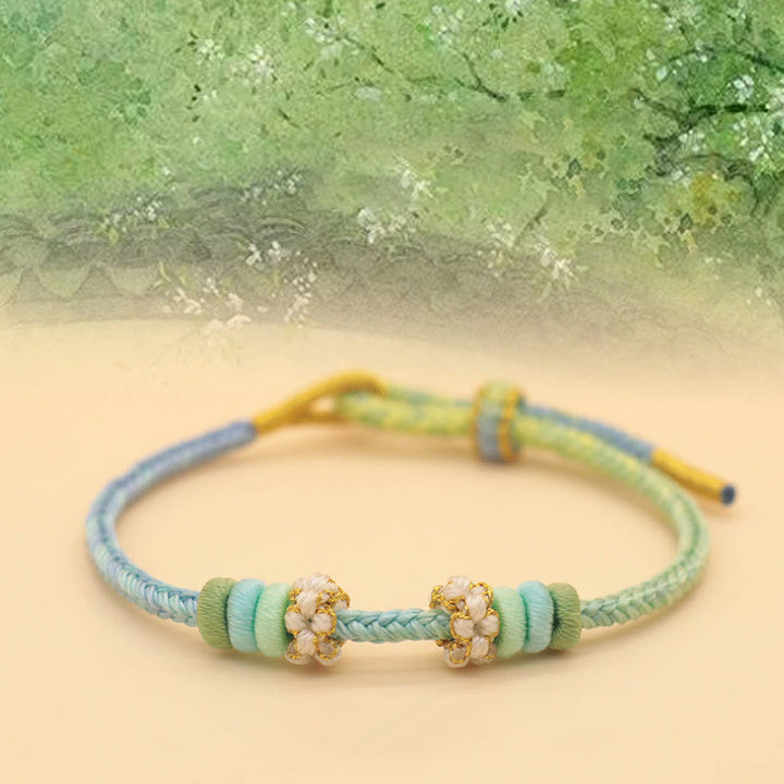 Buddha Stones Handmade Eight Thread Peace Knot Peach Blossom Knot Luck Rope Braided Bracelet - Spring Full Of Gardens(Blue Green) (Wrist Circumference 14-18cm) - image 3