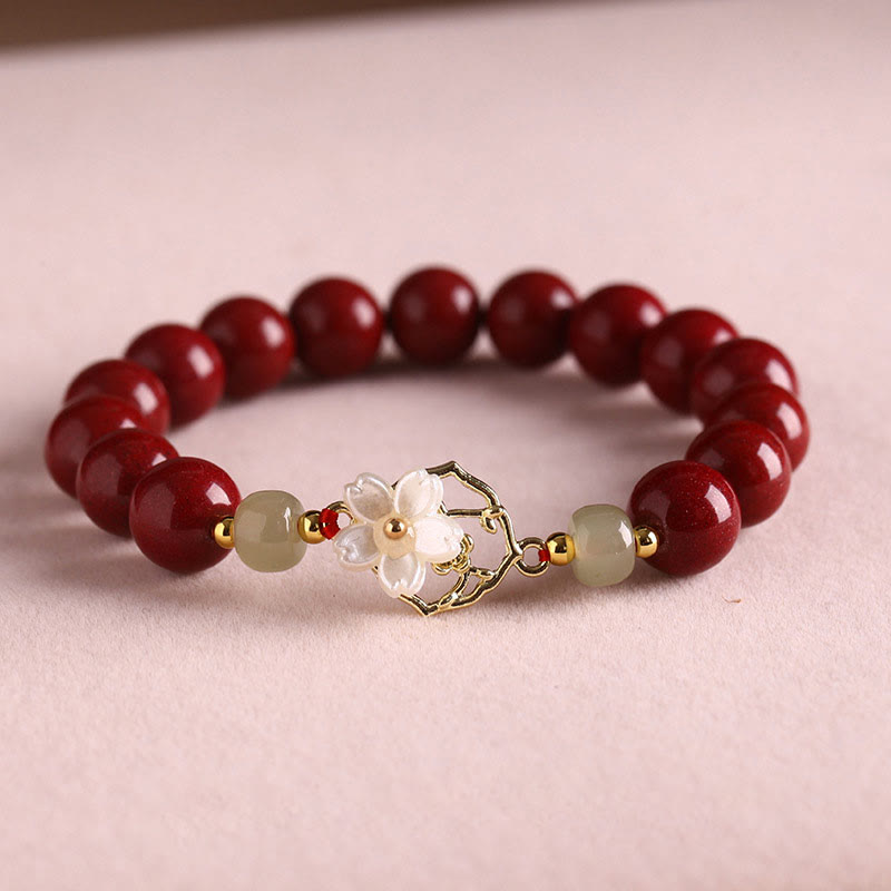 Buddha Stones Natural Cinnabar Jade Beaded Tridacna Stone Flower Blessing Bracelet - Cinnabar - 10mm(Wrist Circumference 18cm) - image 4