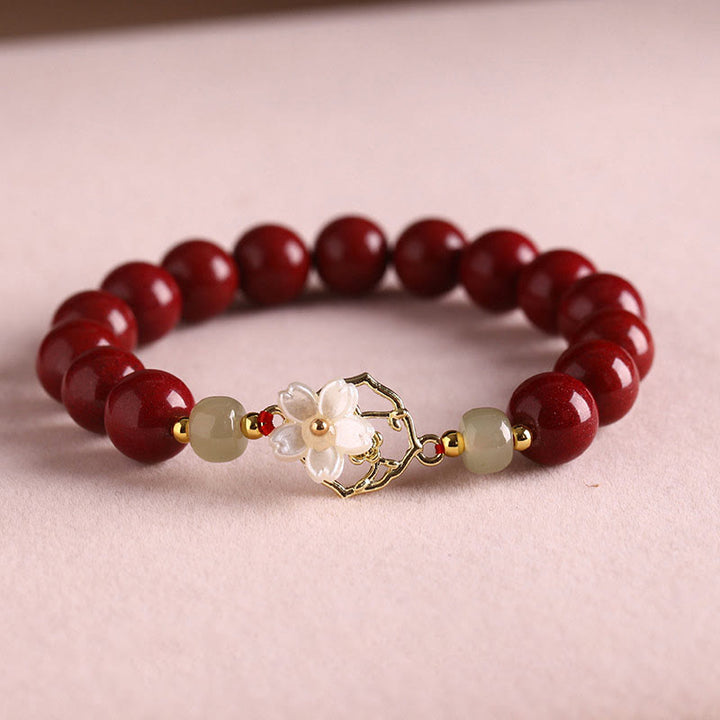 Buddha Stones Natural Cinnabar Jade Beaded Tridacna Stone Flower Blessing Bracelet - Cinnabar - 10mm(Wrist Circumference 18cm) - image 4
