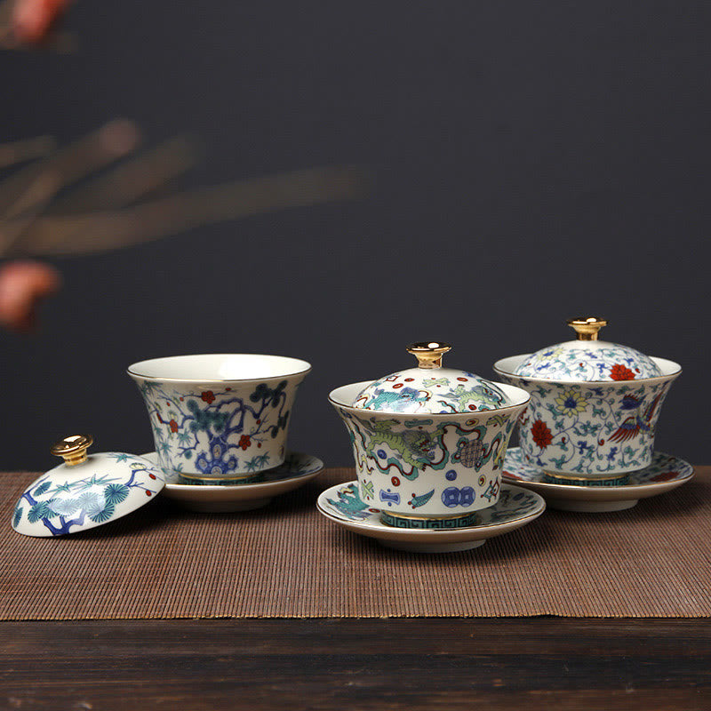 Buddha Stones Retro Plum Blossom Pine Bamboo Phoenix Kirin Ceramic Gaiwan Sancai Teacup Kung Fu Tea Cup and Saucer with Lid - image 0