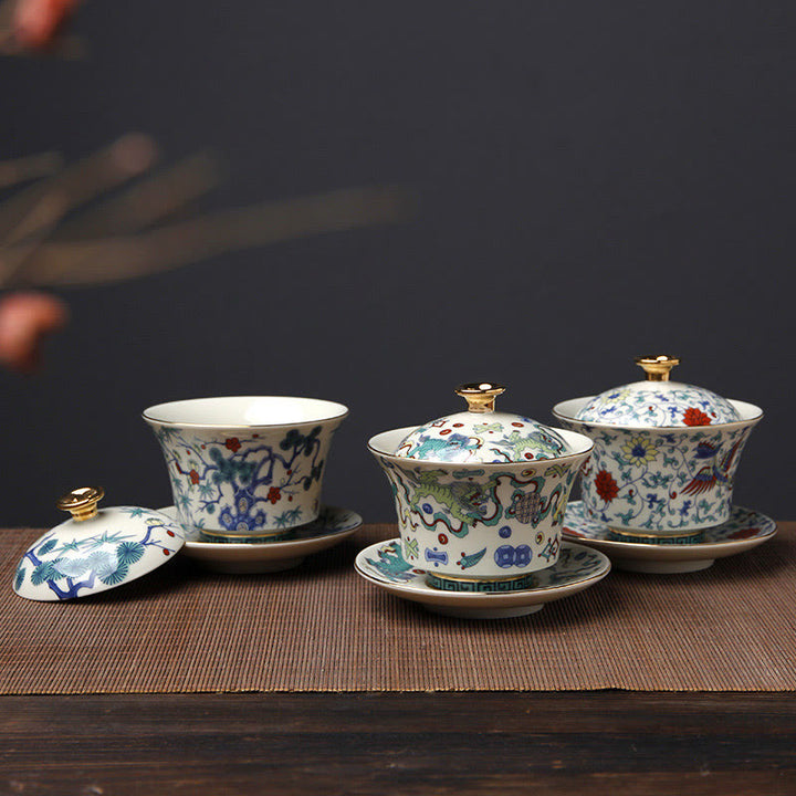 Buddha Stones Retro Plum Blossom Pine Bamboo Phoenix Kirin Ceramic Gaiwan Sancai Teacup Kung Fu Tea Cup and Saucer with Lid - image 0