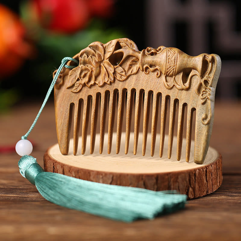 Green Sandalwood Fox Peony Flower Lotus Engraved Cure Tassel Comb - Peony Vase Green Sandalwood - image 2