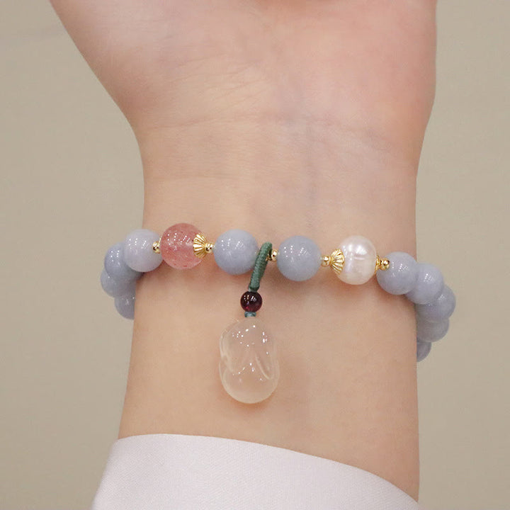 Buddha Stones Natural Aquamarine Chalcedony Serenity Rabbit Gourd Cat Charm Bracelet - image 2