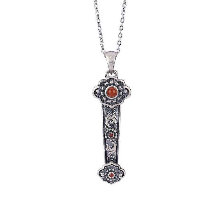 Buddha Stones 925 Sterling Silver Red Agate Cyan Jade Auspicious Clouds Ruyi Handle Blessing Necklace Pendant - image 6