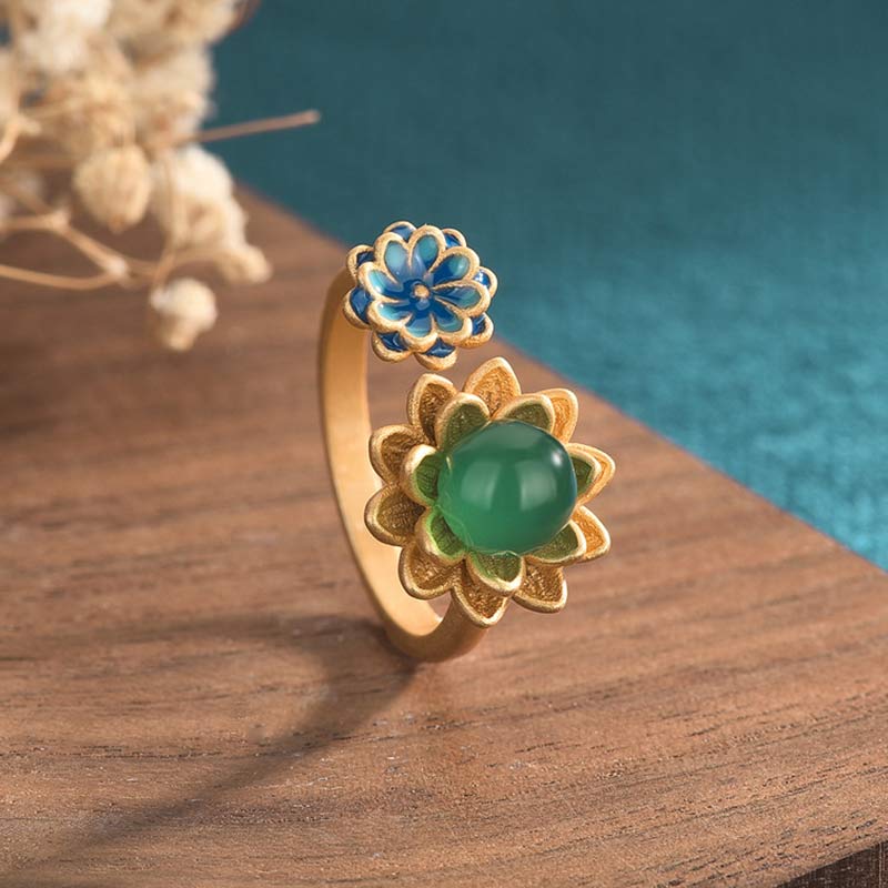 Buddha Stones Lotus Pattern Jade Abundance Adjustable Ring - Jade - image 0