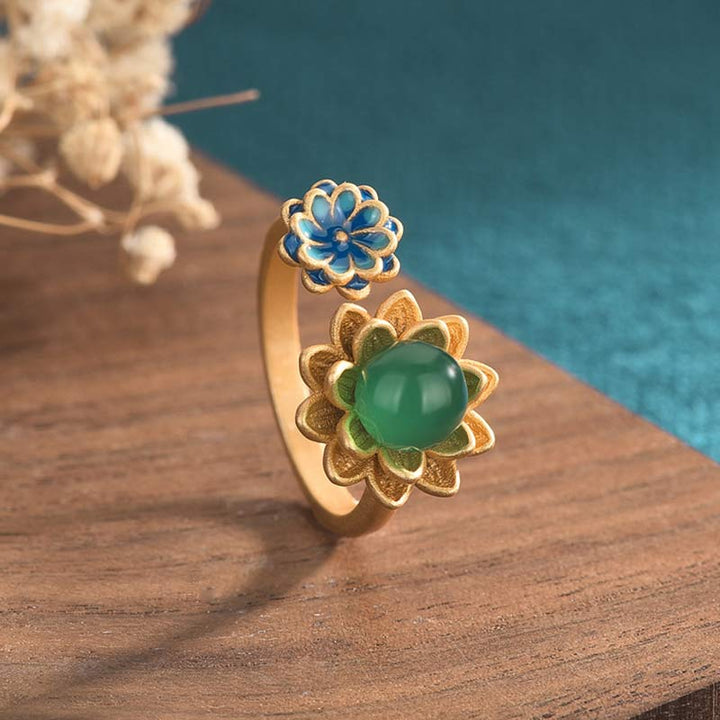 Buddha Stones Lotus Pattern Jade Abundance Adjustable Ring - Jade - image 0