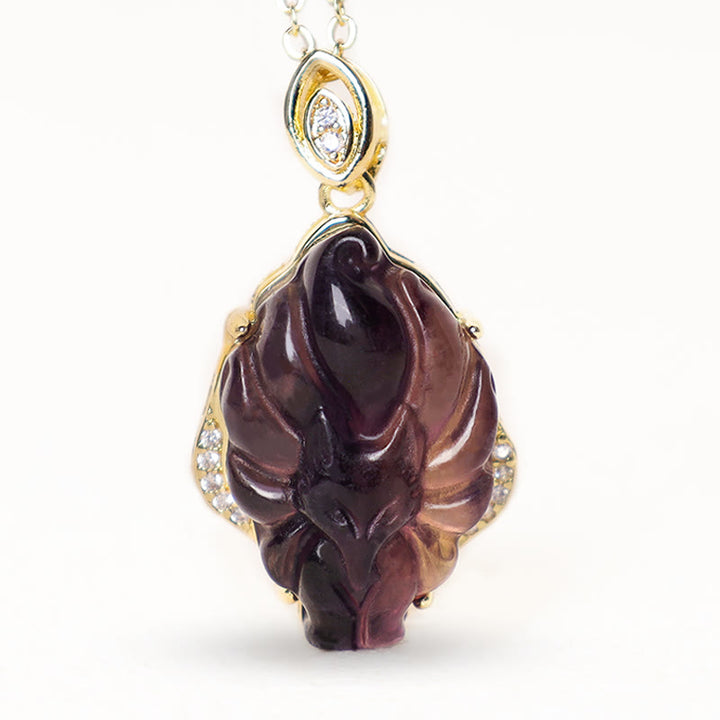 Buddha Stones Natural Colorful Fluorite Nine Tailed Fox Protection Necklace Pendant - image 6