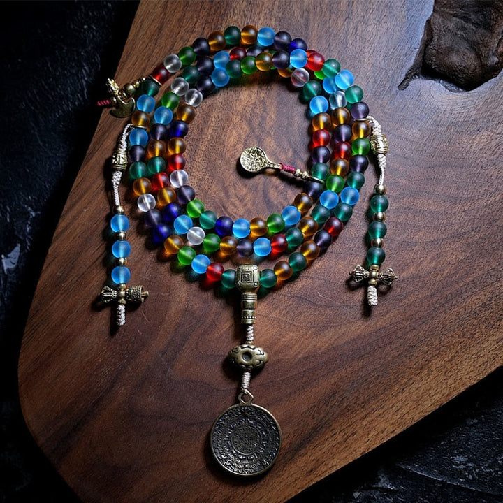Buddha Stones Tibetan 108 Mala Beads Multicolored Liuli Glass Bead Chinese Zodiac Nine Palaces Eight Diagrams Charm Bracelet - Liuli Glass Bead&Chinese Zodiac Nine Palaces Eight Diagrams - Non-Elastic Rope - image 7