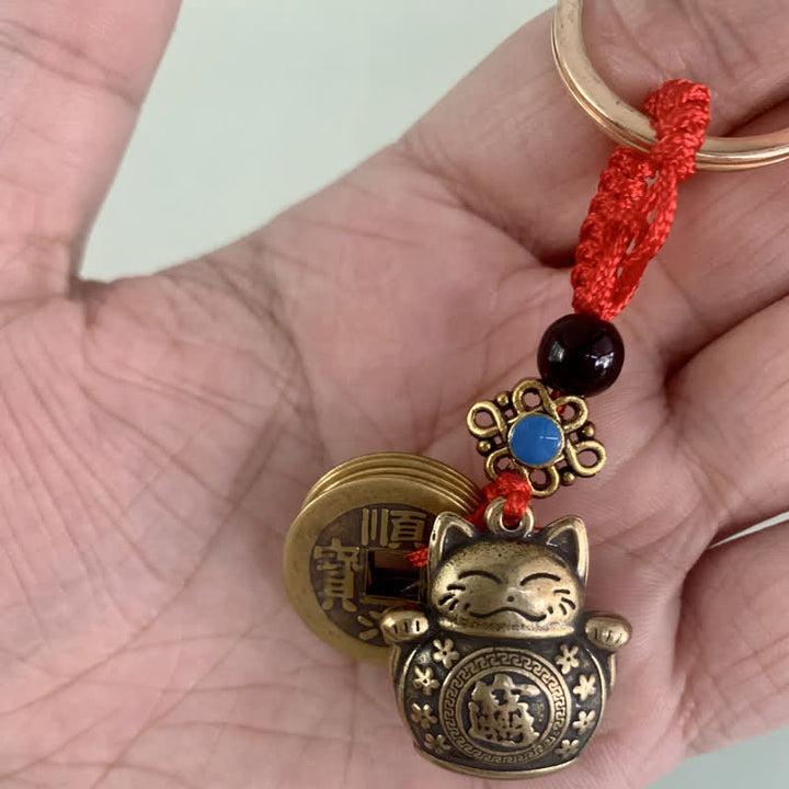 Buddha Stones Feng Shui Five Emperor Coins Lucky Cat Money Wealth Keychain - image 2