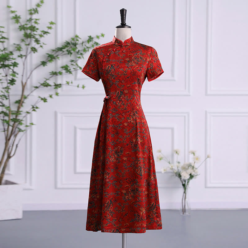 Buddha Stones Vintage Auspicious Clouds Leaf Print Cheongsam Dress Women's Qipao Dress - Red Auspicious Clouds - US16，UK/AU20，EU48 (5XL) - image 0