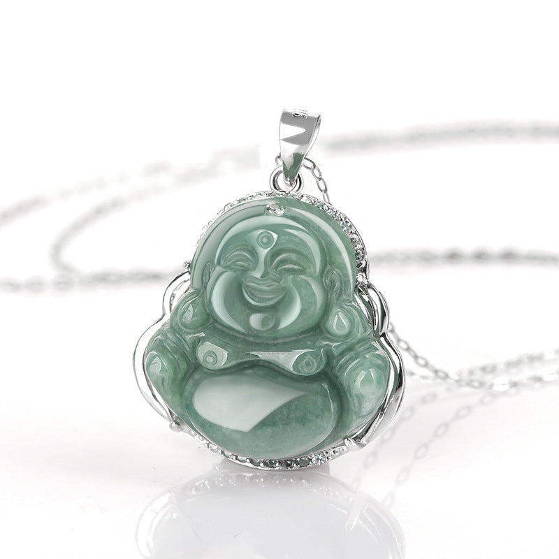 Buddha Stones 925 Sterling Silver Laughing Buddha Jade Abundance Necklace Chain Pendant - image 3
