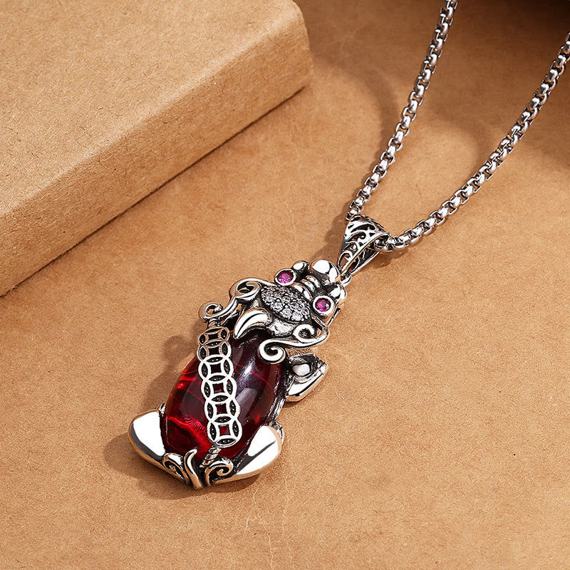 Buddha Stones PiXiu Garnet Copper Coin Wealth Luck Necklace Pendant - image 1