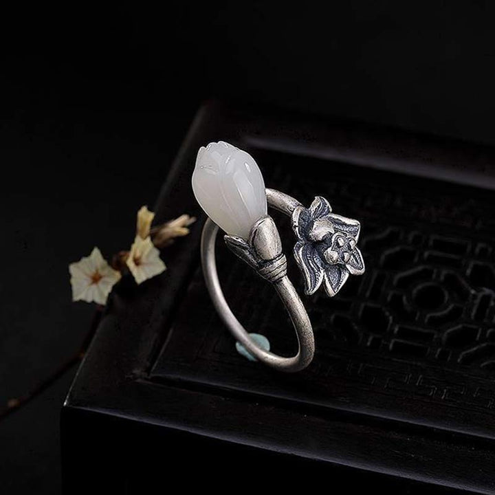 Buddha Stones Jade Lotus Copper Balance Healing Adjustable Ring - image 7