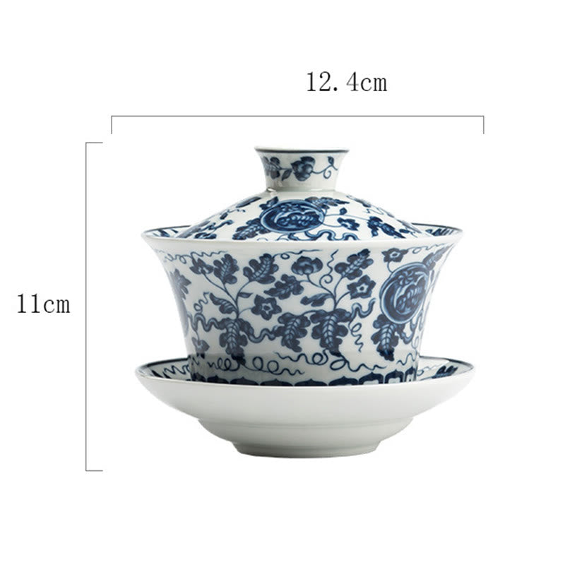 Buddha Stones Blue And White Porcelain Lotus Koi Fish Lion Dance Watermelon Ceramic Gaiwan Sancai Teacup Kung Fu Tea Cup And Saucer With Lid 300ml - Watermelon 12.4cm*11cm*300ml - image 11