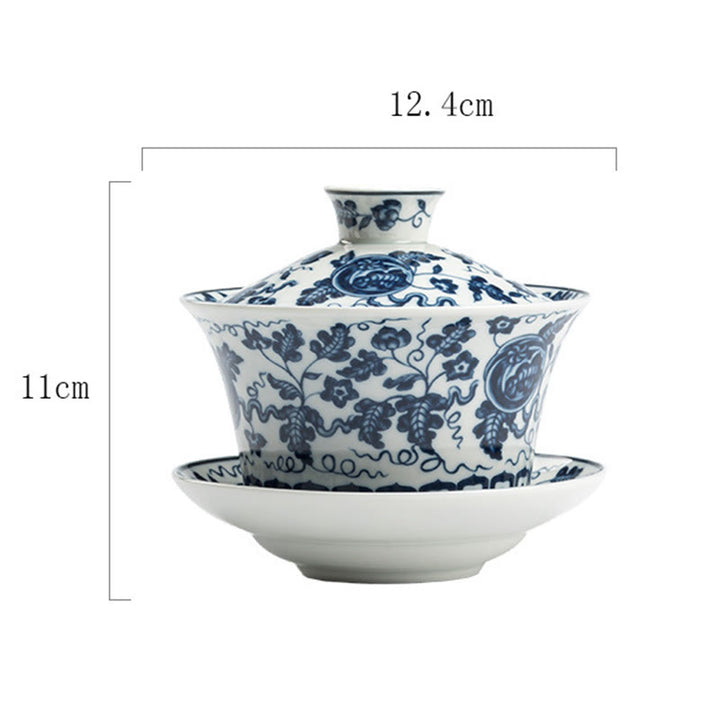 Buddha Stones Blue And White Porcelain Lotus Koi Fish Lion Dance Watermelon Ceramic Gaiwan Sancai Teacup Kung Fu Tea Cup And Saucer With Lid 300ml - Watermelon 12.4cm*11cm*300ml - image 11