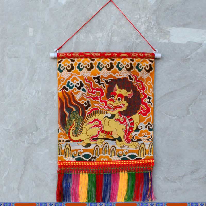 Feng Shui Kirin Spiritual Colorful Tassel Wall Art - Yellow - image 0