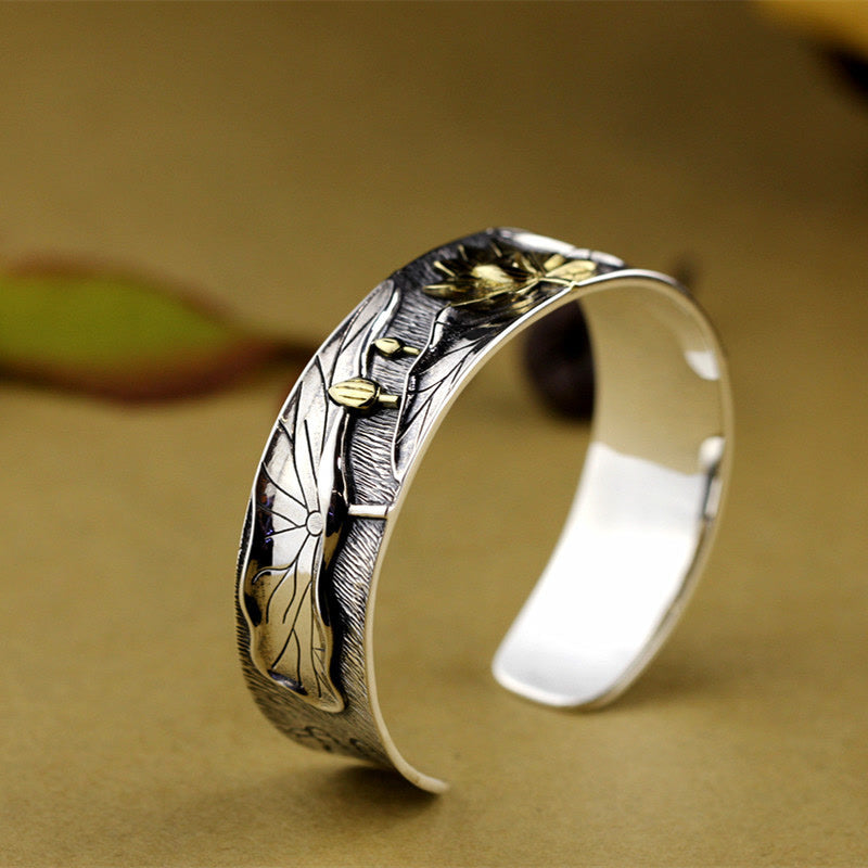 Buddha Stones 925 Sterling Silver Lotus Flower Calm Bracelet Adjustable Bangle - image 4