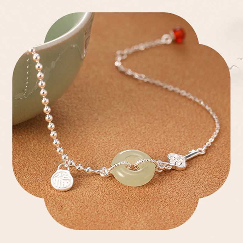 Buddha Stones 925 Sterling Silver Hetian Jade Peace Buckle Fu Character Luck Chain Bracelet - image 6