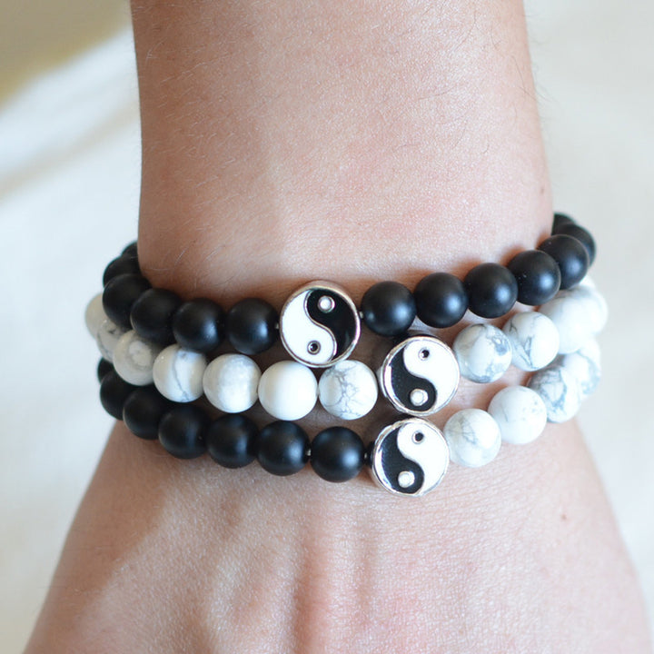Buddha Stones 3pcs Natural White Turquoise Frosted Stone Bead Yin Yang Wealth Bracelet - image 2