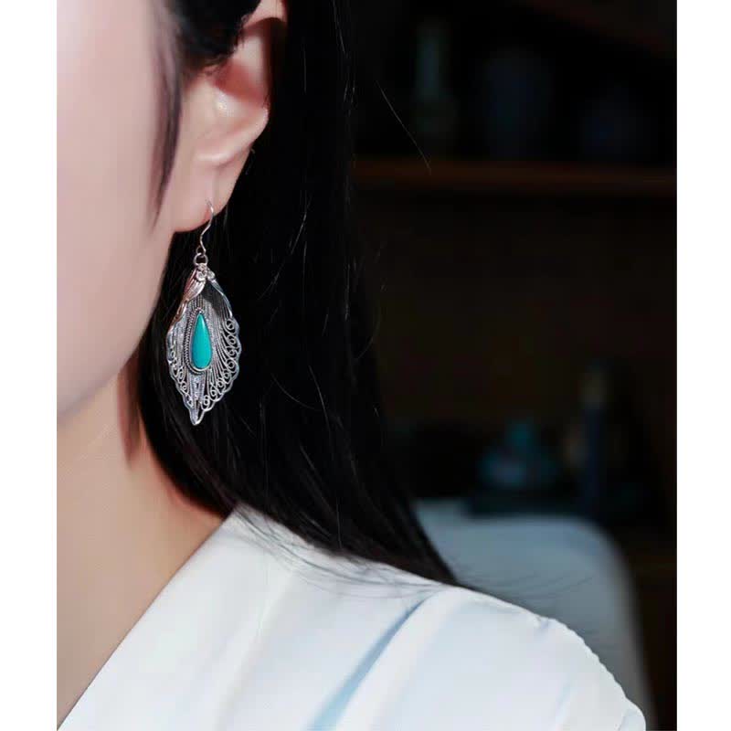 Buddha Stones 925 Sterling Silver Turquoise Bodhi Leaf Pattern Protection Drop Dangle Earrings - image 19