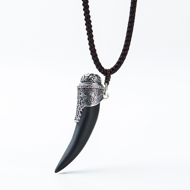 925 Sterling Silver Black Obsidian Wolf Tooth Pattern Strength Necklace Pendant - image 13