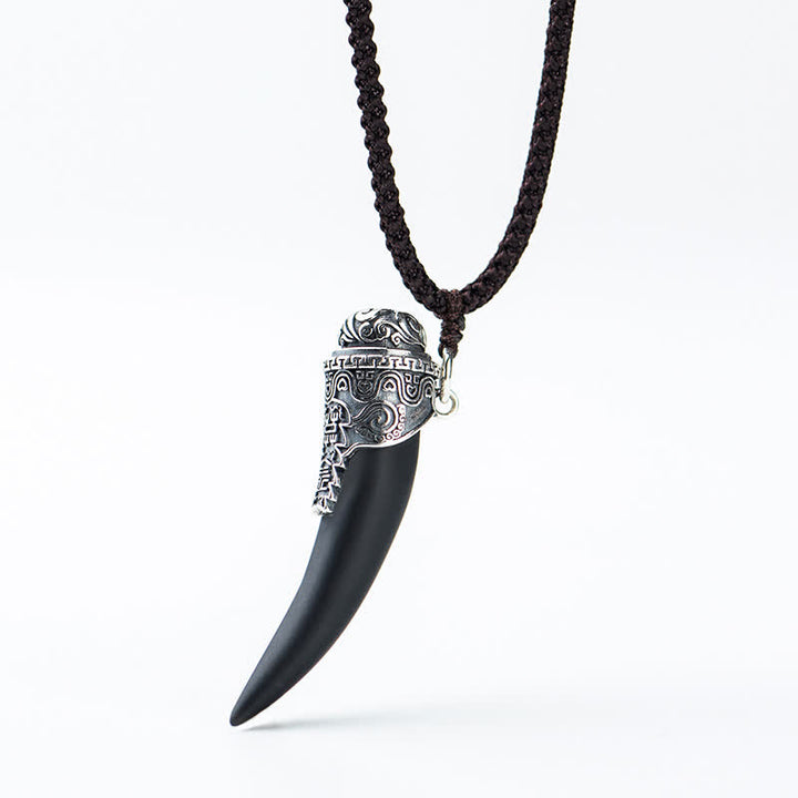 925 Sterling Silver Black Obsidian Wolf Tooth Pattern Strength Necklace Pendant - image 13