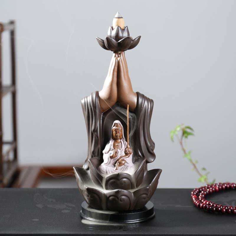 Buddha Avalokitesvara Chenrezig Ksitigarbha Ceramic Lotus Blessing Backflow Incense Burner - Avalokitesvara/Chenrezig - image 0