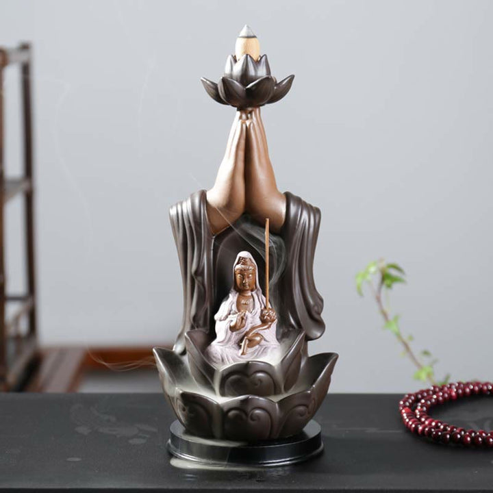 Buddha Avalokitesvara Chenrezig Ksitigarbha Ceramic Lotus Blessing Backflow Incense Burner - Avalokitesvara/Chenrezig - image 0